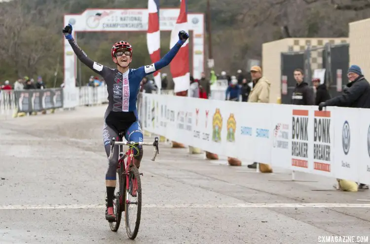 Nikki Thiemann had the best finish line celebration of the day, winning the Masters 35-39 race. © Cyclocross Magazine