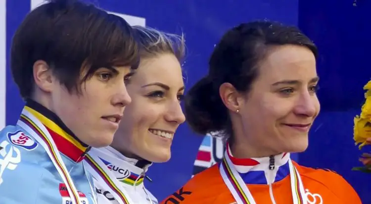 Ferrand Prevot took the win, with Cant in second and Vos in third. Photo taken from UCI footage
