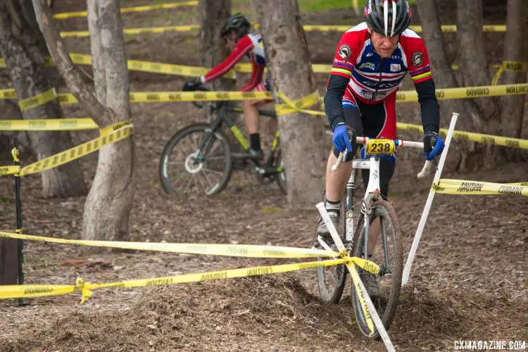 Don Myrah leads teammate Brock Dickie through the trees at the SuperPro San Jose race. January 17, 2015. © Cyclocross Magazine