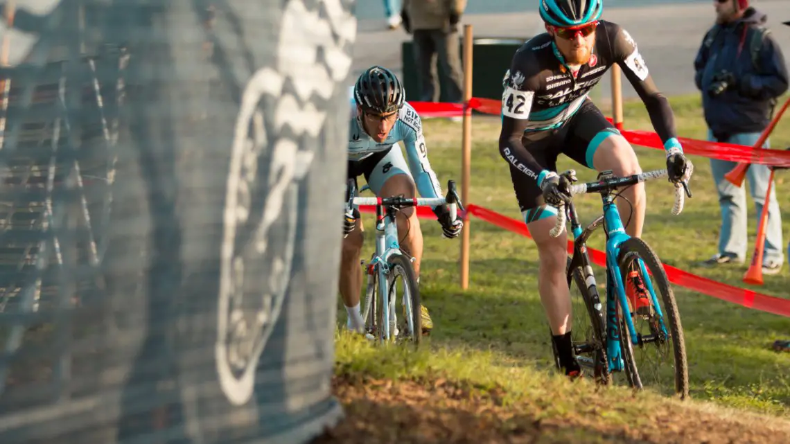 Craig Etheridge leading Adam Myerson as the two fight for top ten finishes in the singlespeed race at the 2015 Cyclocross National Championships. © Cyclocross Magazine