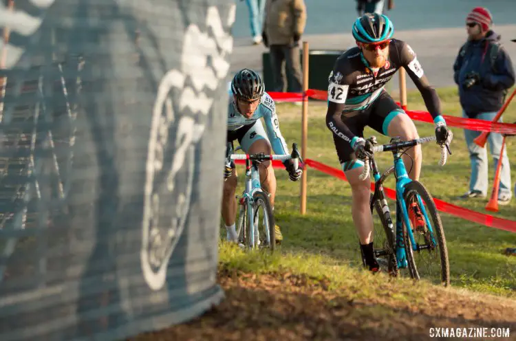 Craig Etheridge leading Adam Myerson as the two fight for top ten finishes in the singlespeed race at the 2015 Cyclocross National Championships. © Cyclocross Magazine