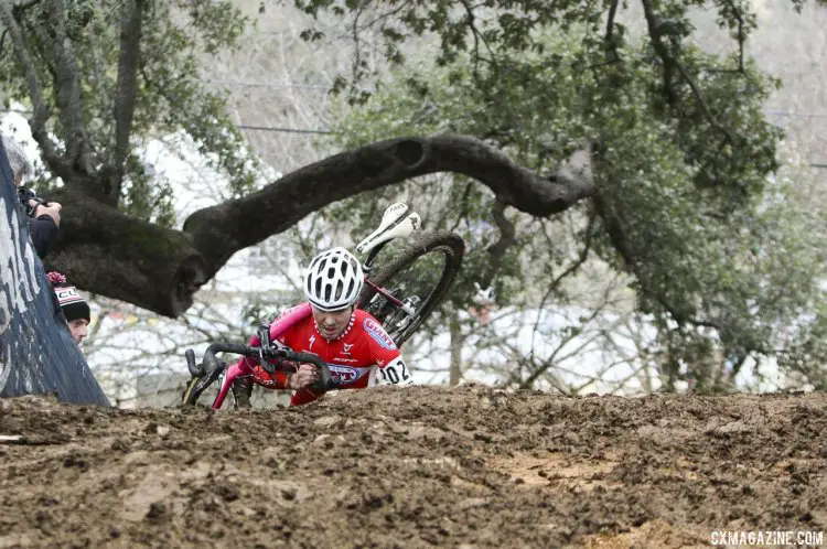 Logan Owen runs three flights of stairs to his 10th title - but the this trees still soars above him. © Cyclocross Magazine