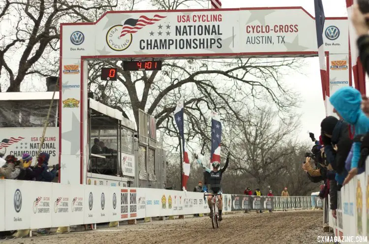 Katie Compton wins her 11th title underneath a row of Heritage Trees at Zilker Park - 2015 Cyclocross National Championships © Cyclocross Magazine