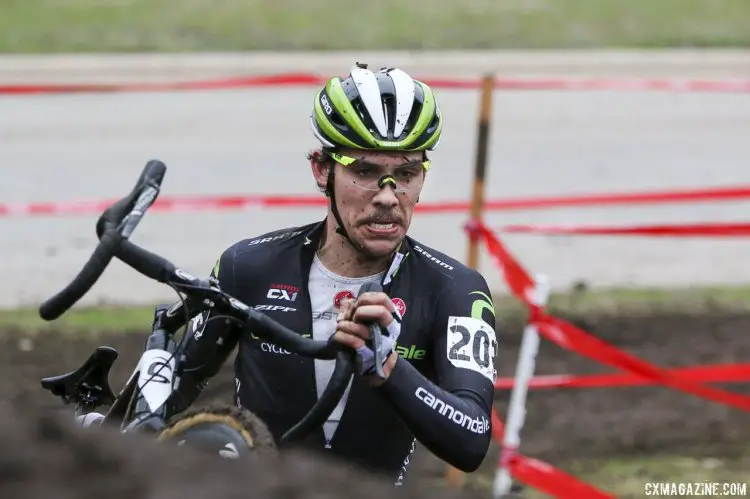 At Nationals, it's been a string of close finishes and wondering what if, but White has shown he's already a medal favorite in the Elites. photo: Curtis White (Cannondale p/b CyclocrossWorld) took up the chase of Logan Owen in Austin at the 2015 Nationals and broke up the Cal Giant train. © Cyclocross Magazine