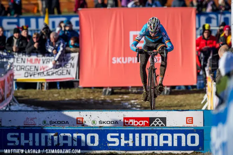 Michael Vanthourenhout cleared the barriers and upgraded his 2014 silver to 2015 gold. U23 Men Cyclocross World Championships. © Matthew Lasala / Cyclocross Magazine