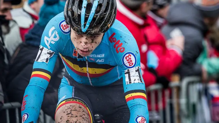 Wout van Aert may have had winning legs today, but had a dropped chain that cost him the winning margin over him. He'd pound his bars in frustration at the finish line. © Matthew Lasala / Cyclocross Magazine
