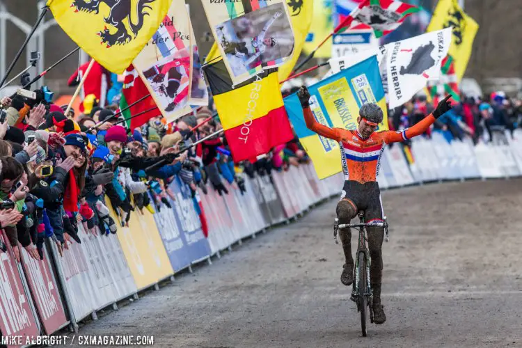 Van der Poel tearfully raises his arms in victory in the Men’s Elite Race at Tabor. © Mike Albright/Cyclocross Magazine