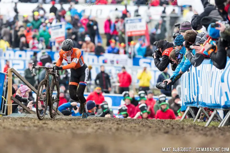 Mathieu van der Poel climbing to the stairs to a life-changing experience and jersey. © Mike Albright / Cyclocross Magazine