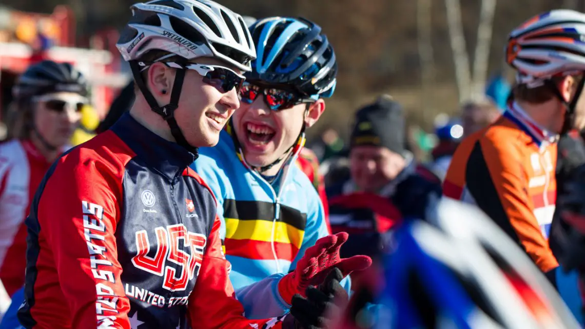 Logan Owen shares a laugh with a Belgian. U23 Men - 2015 Cyclocross World Championships © Mike Albright / Cyclocross Magazine