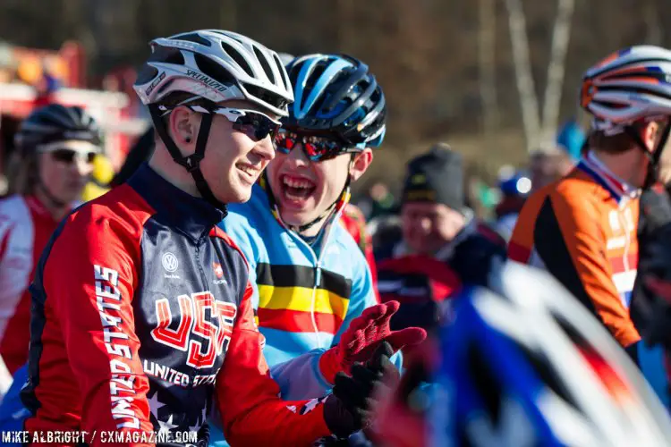 Logan Owen shares a laugh with a Belgian. U23 Men - 2015 Cyclocross World Championships © Mike Albright / Cyclocross Magazine