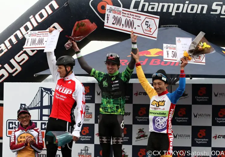 Zach McDonald, Ben Berden, and Kazuhiro Yamamoto bask in their winnings at Tokyo Cyclocross. © Satoshi Oda