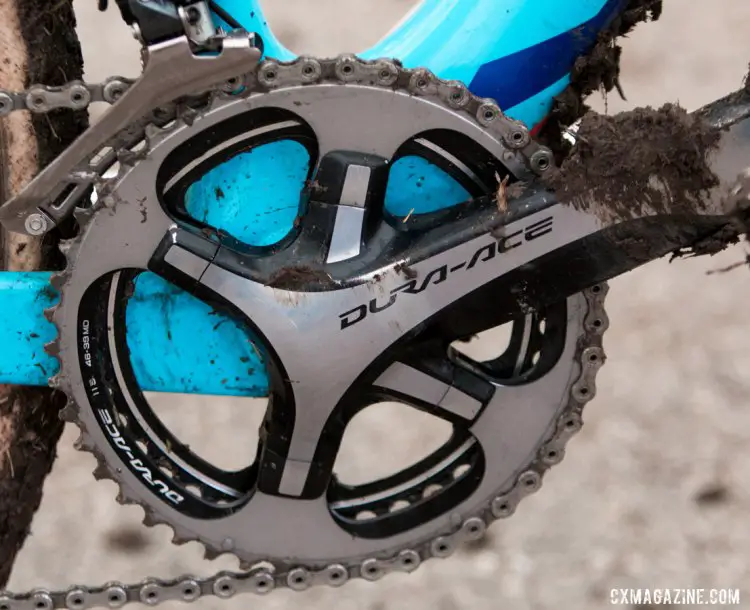 The Shimano Dura Ace 9000 crankset has the not-yet-available Dura Ace ‘cross rings with a 46-39 combination. Note that these are not the hollow machined outer chainrings like the versions that come in road sizes. The chainring bolts use nuts that are covered by the ‘fairings’ you see here. © Cyclocross Magazine