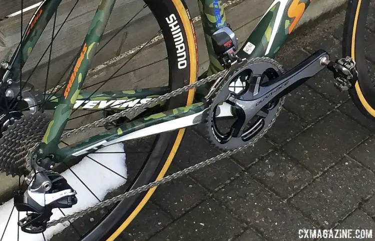 Dura-Ace 9070 di2 drivetrain and Shimano's asymetrical carbon rim. Mathieu van der Poel's 2015 World Championship-winning Stevens Super Prestige disc cyclocross bike. © Cyclocross Magazine