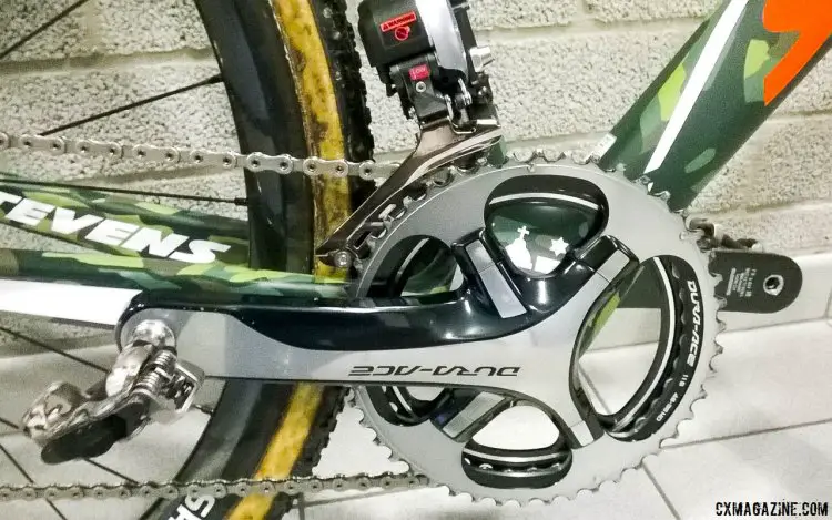 Shimano Dura-Ace 9000 crankset and 46/39 rings. Di2 9070 front derailleur. Mathieu van der Poel's 2015 World Championship-winning Stevens Super Prestige disc cyclocross bike. © Cyclocross Magazine