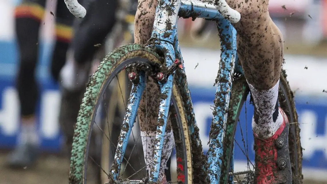 Wout van Aert raced Niels Albert's old green Michelin Mud-treaded Dugast tubulars at the 2015 Cyclocross World Championships. © Mike Albright / Cyclocross Magazine