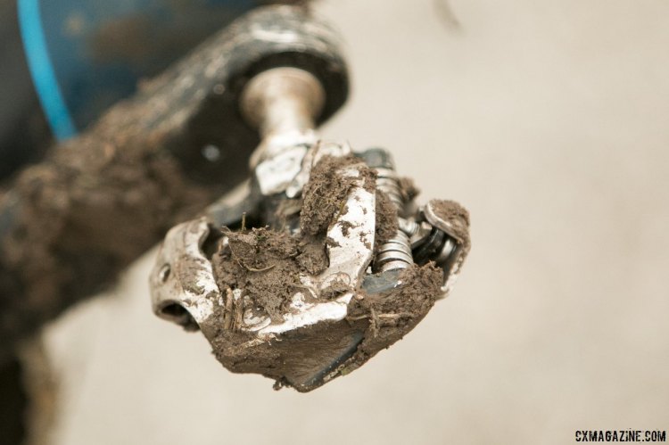 Ramsay’s Shimano Deore XT pedals’ mud clearance capability was well tested on Sunday, which hosted a course filled with mud that stuck to frames and components. © Cyclocross Magazine