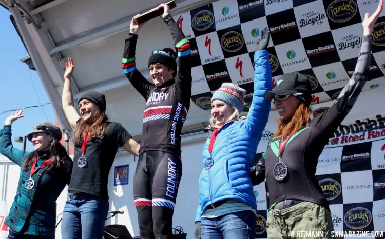 Mackenzie Woodring, Crystal Anthony and Kelli Richter made up the top three of the extended podium at Barry-Roubaix. © Andrew Reimann/Cyclocross Magazine