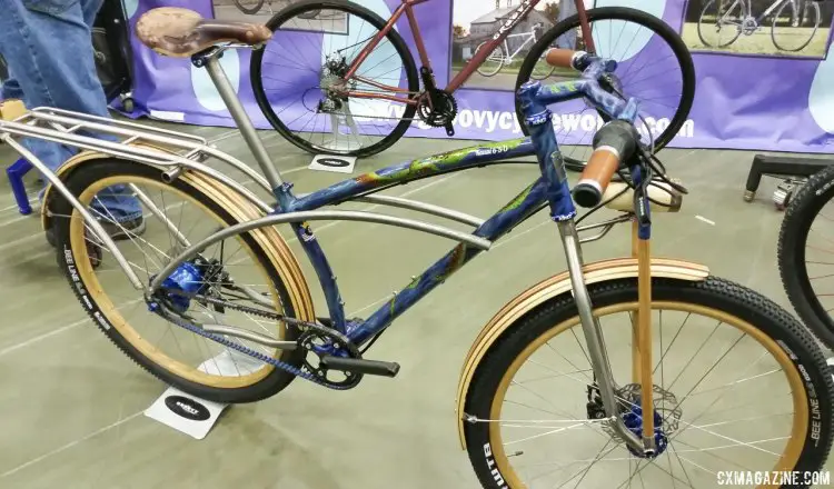 Best in Show - Groovy Cycles' titanium Kauai 650 surf bike with built-in surfboard rack and wood/leather trimmings. NAHBS 2015 © Cyclocross Magazine