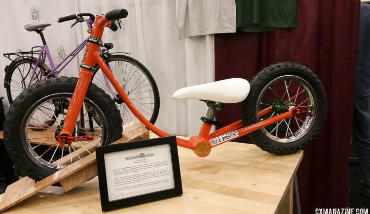 This tiny balance bike by Shamrock Cycles was a crowd favorite. It was built for a Shamrock sponsored rider's daughter, and features Chris King hubs and headset. NAHBS 2015. © Cyclocross Magazine