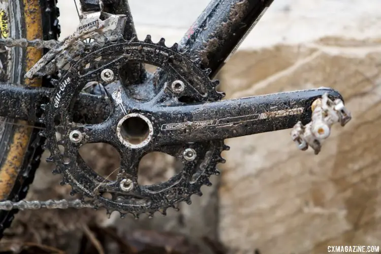 Gunsalus’ bike had an FSA Crankarm paired with All-City chainrings, and rode with a tighter gearing than the typical stock 46/36. © Cyclocross Magazine