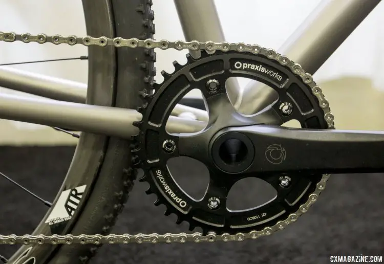 No. 22 opts for a BSA bottom bracket and used a PraxisWorks wide/narrow chainring for its Broken Arrow titanium cyclocross show bike. NAHBS 2015. © Cyclocross Magazine