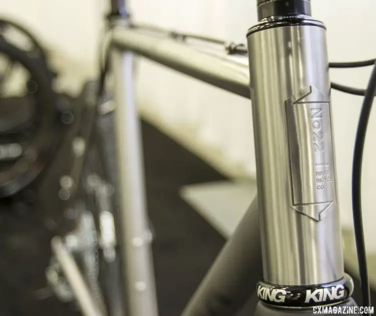 New York-based No. 22 Bike's Broken Arrow titanium cyclocross bike featured a highly polished 44mm head tube. NAHBS 2015. © Cyclocross Magazine