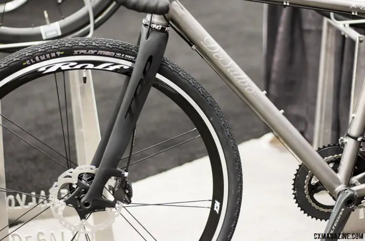 TRP's carbon disc brake thru-axle cyclocross fork on DeSalvo's titanium gravel bike, as seen at NAHBS 2015 in Louisville. © Cyclocross Magazine