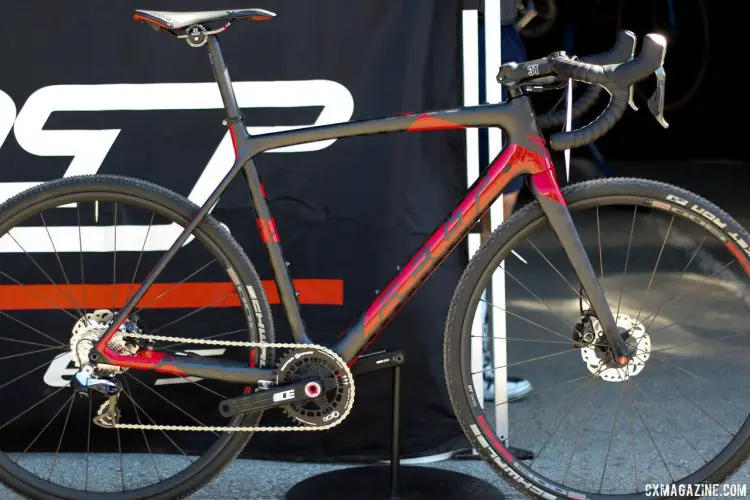 The 2016 Felt Bicycles cyclocross bike line features two top-end F1x models, one for $6999 with Dura-Ace Di2, another at $5499 with a mix of SRAM Red and Force 1. The Di2 model is single ring and features Rotor's QCX1 crankset and chainring. © Cyclocross Magazine