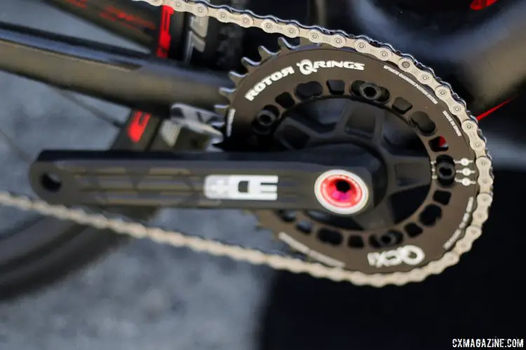 The Di2 model of the F1x features Rotor's QCX1 crankset and chainring. 2016 Felt Bicycles cyclocross bikes. © Cyclocross Magazine