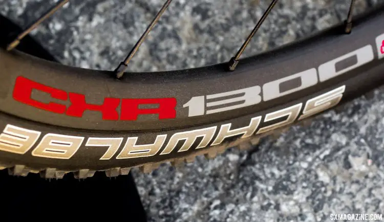 2016 Felt Bicycles CXR1300 tubeless carbon wheelset on the Felt F1x Di2 model. Shown with "standard" Schwalbe tires, but will ship with new Schwalbe tubeless cyclocross tires. © Cyclocross Magazine