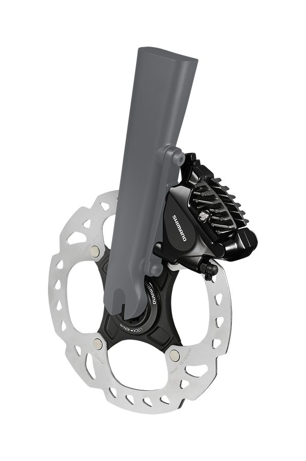 A computer model of Shimano’s new flat mount hydraulic disc brake caliper on a front fork. © Shimano