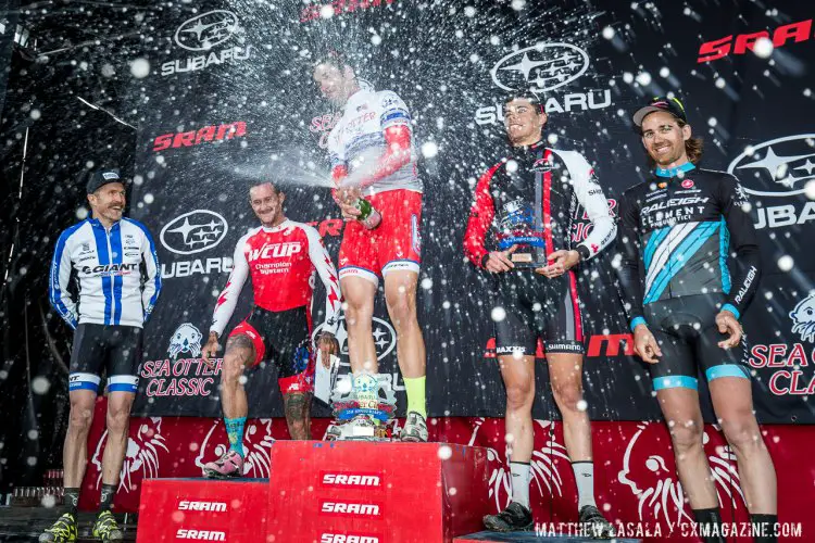 A sparkling podium in the Men’s Elite Race, topped off by Tobin Ortenblad. © Matthew Lasala / Cyclocross Magazine