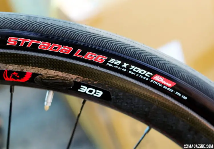 A sneek peek at Ryan Trebon's new prototype Clement Strada LGG 700x32c road tires, to be used at the Spy Waffle Ride. Sea Otter Classic 2015. © Cyclocross Magazine