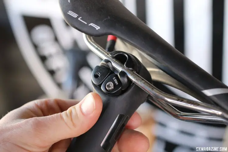 ENVE Composites redesgned their seatpost with a new two-bolt wedge-based system that keeps the saddle in position despite botched remounts and allows fore/aft adjustment without losing the angle. $275. Sea Otter 2015. © Cyclocross Magazine