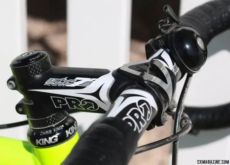 Eric Nelson uses a Chris King headset, PRO Vibe 7s components for the cockpit, and finishes it off with a bell. © Cyclocross Magazine