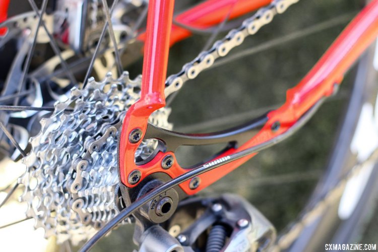 Franco Bicycle's Grimes steel gravel bike features Paragon Machine Works' PolyDrop dropouts that accept a replaceable thru axle dropout and derailleur hanger. Sea Otter 2015. © Cyclocross Magazine