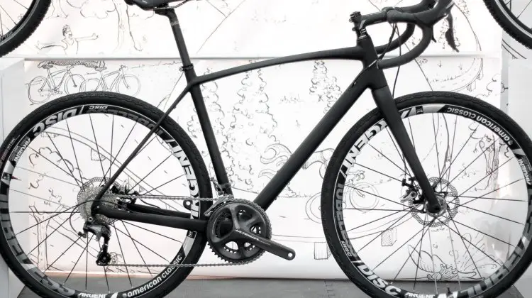 Raleigh's Roker carbon gravel bike unveiled officially at Sea Otter 2015. Shown with 50/34 gearing, but a 46/36 chainring combo and 11-32 cassette are likely to be on the production bike. TRP Spyre dual piston mechanical disc brakes. © Cyclocross Magazine