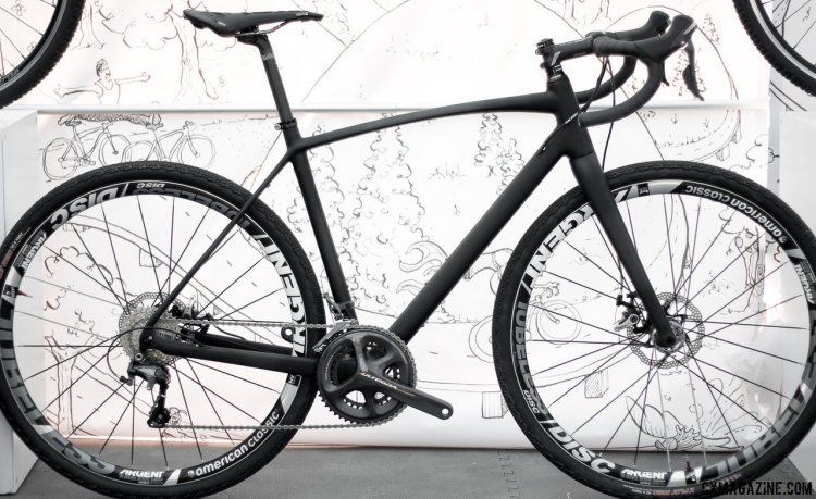 Raleigh's Roker carbon gravel bike unveiled officially at Sea Otter 2015. Shown with 50/34 gearing, but a 46/36 chainring combo and 11-32 cassette are likely to be on the production bike. TRP Spyre dual piston mechanical disc brakes. © Cyclocross Magazine