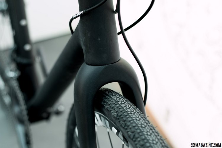 Raleigh's Roker carbon gravel bike features the same fork as the RXC cyclocross bikes, but with fender mounts. Sea Otter 2015. © Cyclocross Magazine