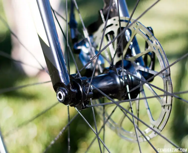 The 2016 Scott Addict CX is the first cyclocross bike we've see to adopt the 12mm front thru axle standard over the more-common 15mm. Sea Otter 2015. © Cyclocross Magazine
