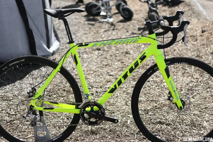 Online retailer ChainReaction owns the Vitus name, and the Tiagra-equpped Energie aluminum cyclocross bikes are hard to miss with the neon paint. About $1200, and not the glued-and-screwed Vitus from years ago. Sea Otter 2015. © Cyclocross Magazine