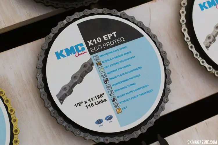 KMC backs the Providence Cyclocross Festival, and may have the perfect chain for cyclocrossers. The EPT (Eco Proteq) coating on all chain components eliminates rust. Available in 8, 9, 10 and 11 speed sizes. Sea Otter Classic 2015. © Cyclocross Magazine