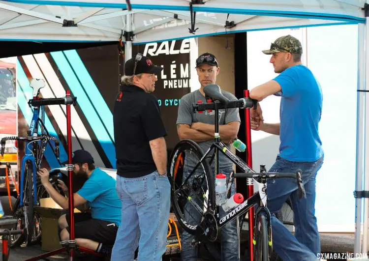 A power meeting of cyclocross influencers. Clement's Donn Kellogg, Johs Huseby, and Ryan Trebon. Sea Otter Classic 2015. © Cyclocross Magazine