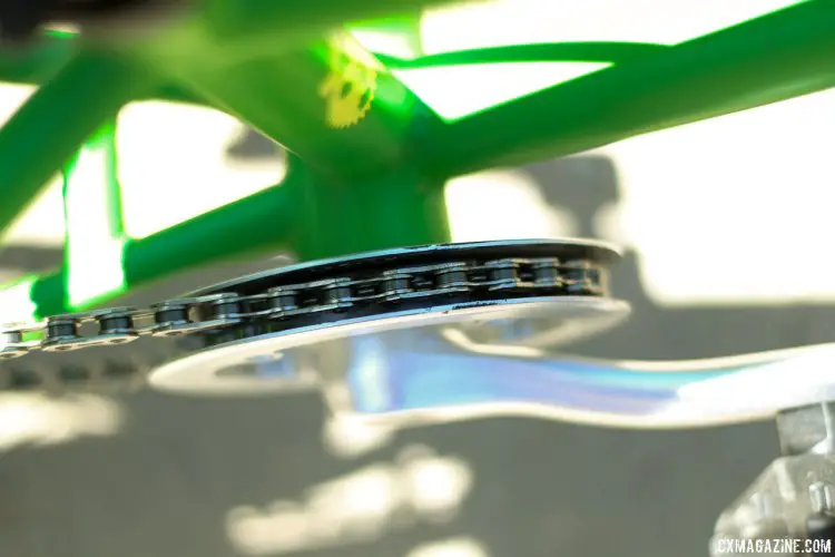 Single ring isn't only for cyclocrossers and mountain bikers. Dual guards keeps pants clean and the chain on, without needing a fancy narrow/wide ring. © Cyclocross Magazine