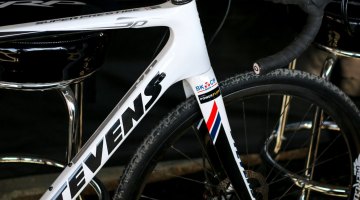 A TRP thru axle fork on a BKCP team Stevens? The World Champ van der Poel and teammates just might be riding it this season. Sea Otter Classic 2015. © Cyclocross Magazine