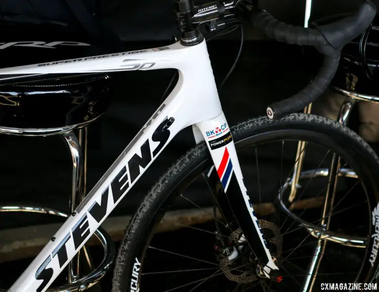 A TRP thru axle fork on a BKCP team Stevens. The World Champ van der Poel and teammates just might be riding it this season. Sea Otter Classic 2015. © Cyclocross Magazine