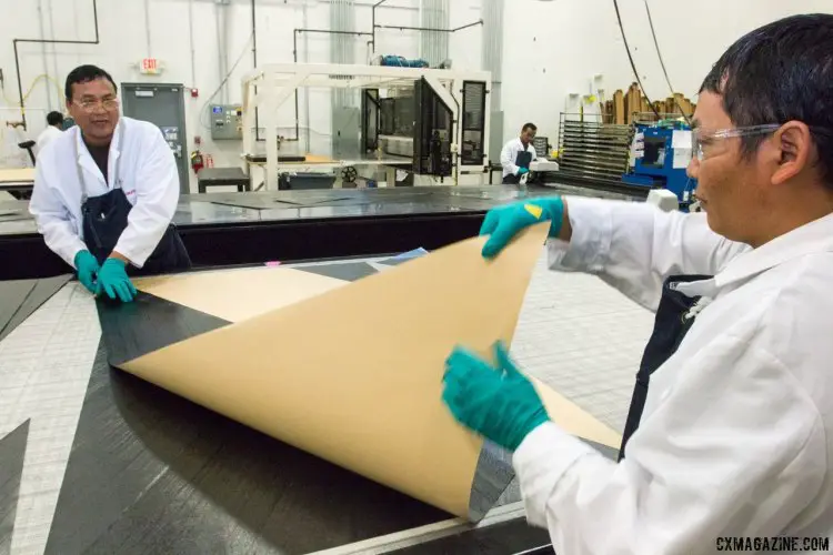 Cutting layers of carbon fiber - Zipp Speed Weaponry Factory Tour. © Cyclocross Magazine