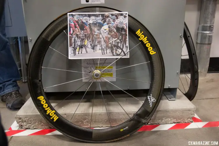 Cavendish famously crashed in the Tour, folded a wheel in the process, but amazingly got back up and rolled to the finish line on the same wheel. Here it is, autographed. © Cyclocross Magazine