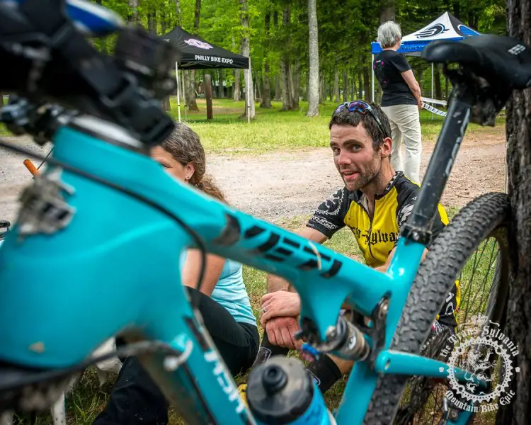 Elite men’s overall winner Justin Lindine (Competitive Cyclist) recovers after the seven stages of the NoTubes Trans-Sylvania Epic. Photo by Trans-Sylvania Epic Media Team.