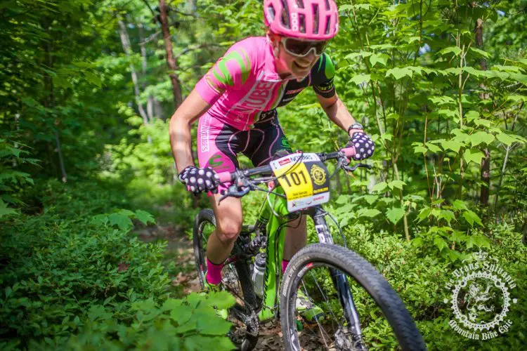 Vicki Barclay (Stan’s NoTubes Elite Women’s Team) rides through the woods at the NoTubes Trans-Sylvania Epic. Photo by Trans-Sylvania Epic Media Team